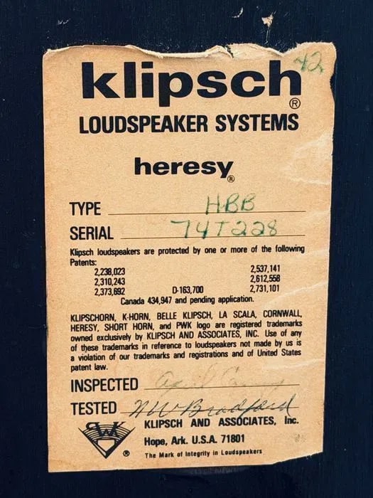 Klipsch Heresy I Exstra Rare Vintage 1979 Horn Speakers HBB USA Pair Warranty